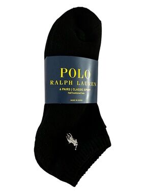 POLO RALPH LAUREN BLACK- LOW CUT ATHLETIC NO SHOW SOCKS.BLACK.6 PACK.NWT